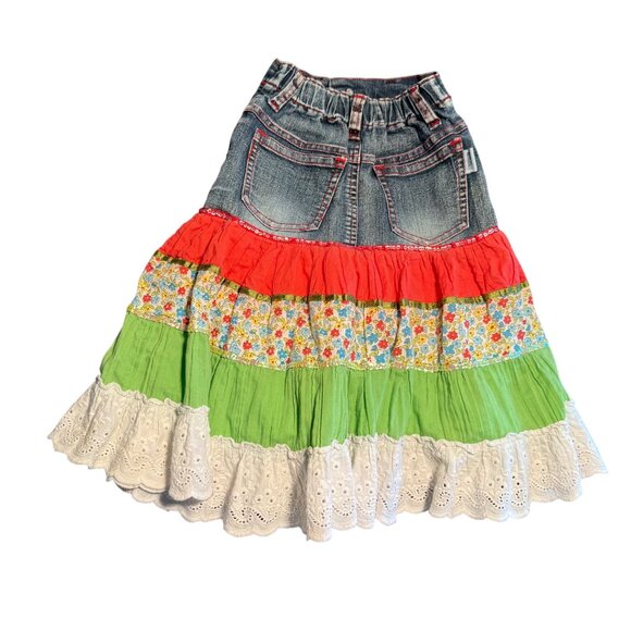 Girls Layered Denim Floral Skirt With Eyelet Lace & Elastic Waist Boho - Picture 2 of 8